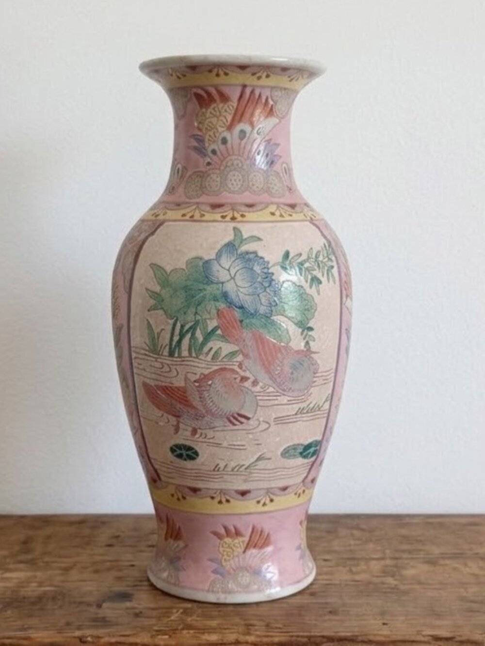 Vintage Pink Porcelain Vase Famille Rose Mandarin Ducks Lotus Flowers Chinese